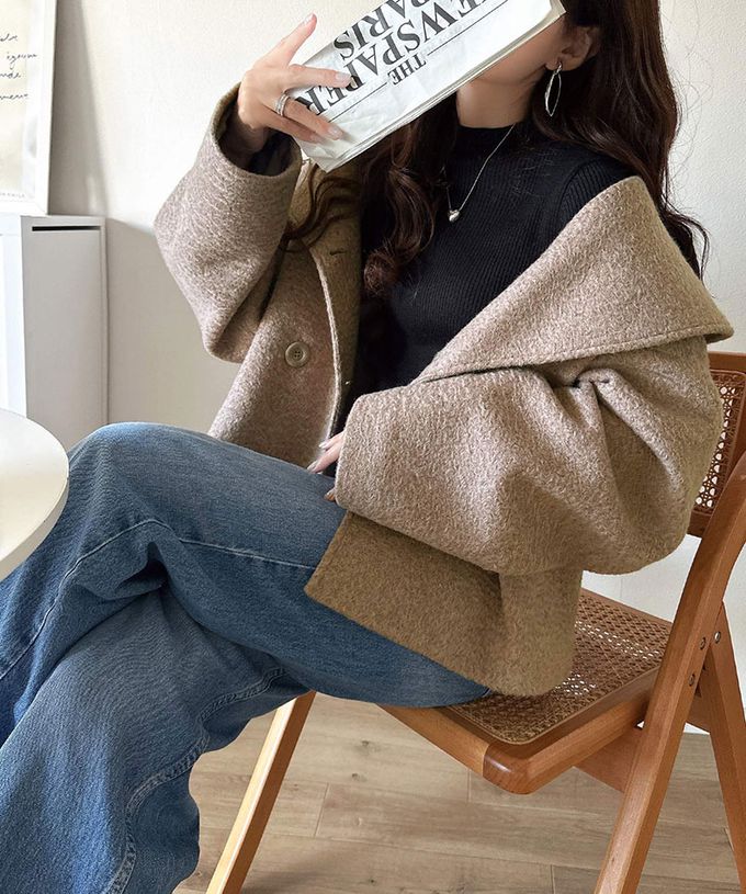 日本 Classical Elf - 注目大翻領優雅毛呢感大衣外套-淺摩卡