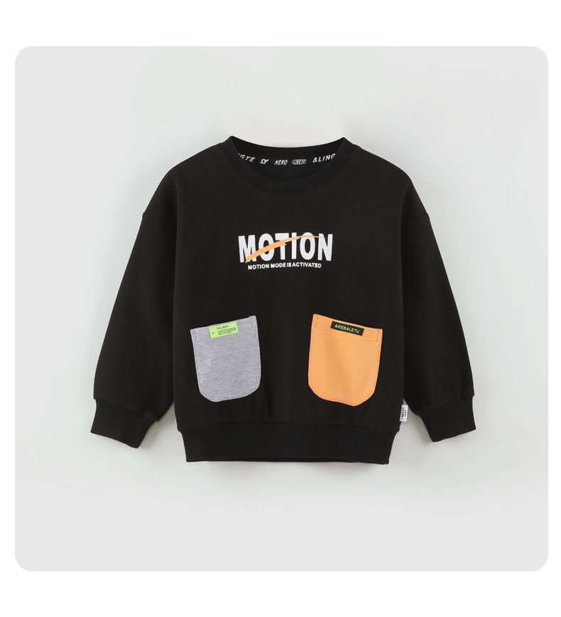 童趣圓領長袖上衣-拼色雙口袋-黑色