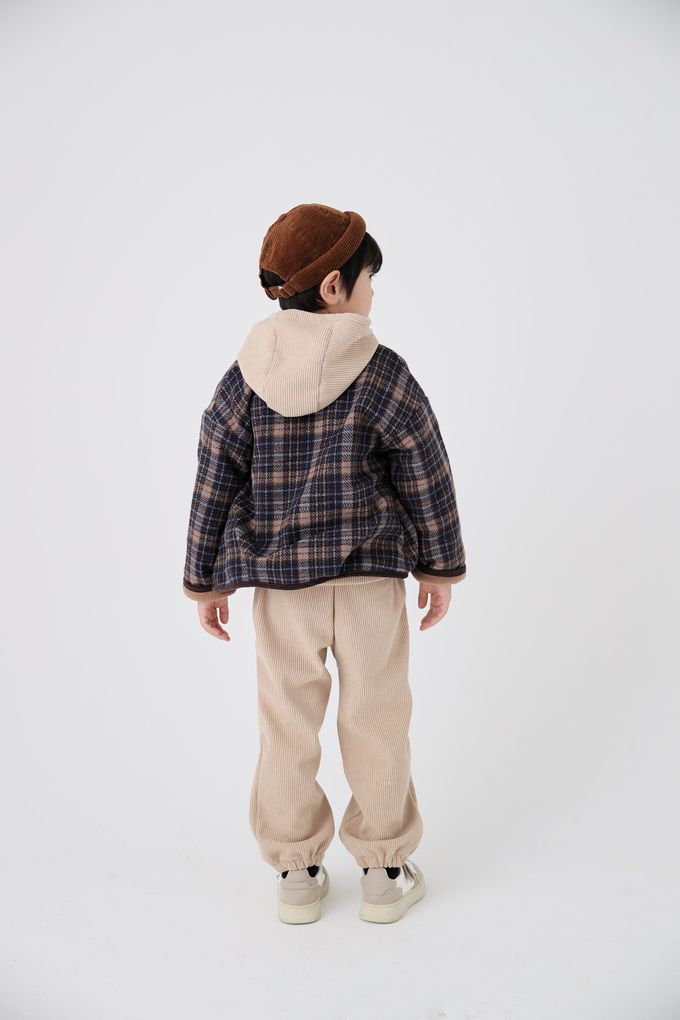 韓國 Coco Bang - 格紋毛呢感無領鈕扣外套-棕X深藍