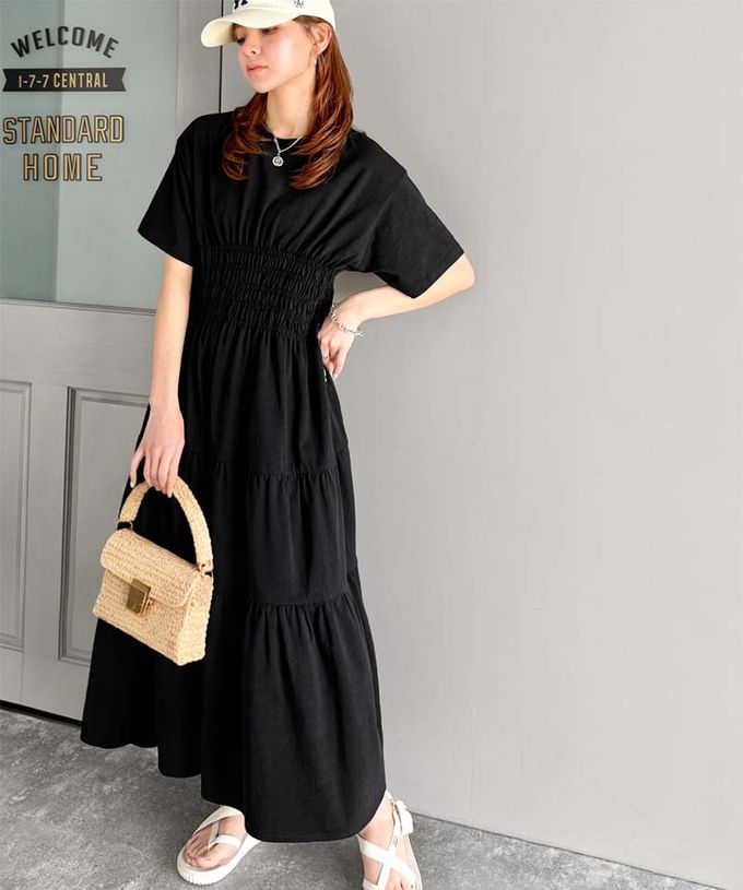 日本 Classical Elf - 100%棉 圓領美型縮腰分層短袖洋裝-淺米棕