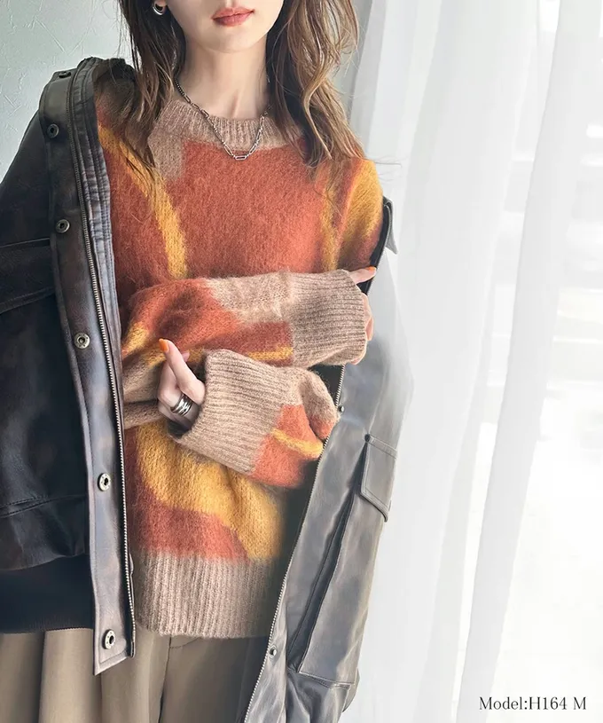 日本 Classical Elf - 歐風毛絨感波浪印花毛衣-橘x棕