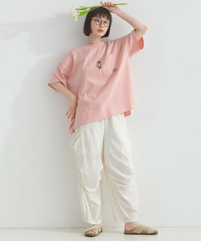 日本 Lupilien - 16支天竺棉俏皮動物刺繡寬大口袋T恤-粉紅