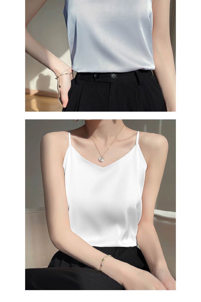 香茉 CHANMODE - V型領修飾臉型！冰絲緞面一體式涼爽夏日背心式內衣(無罩杯)-黑色