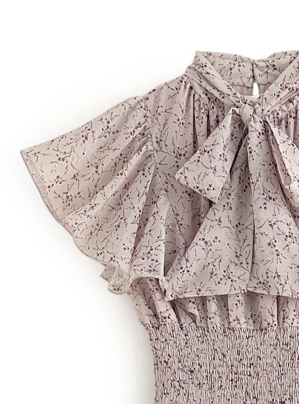 日本 GRL - 華麗扭結荷葉袖碎花洋裝-淺桃粉