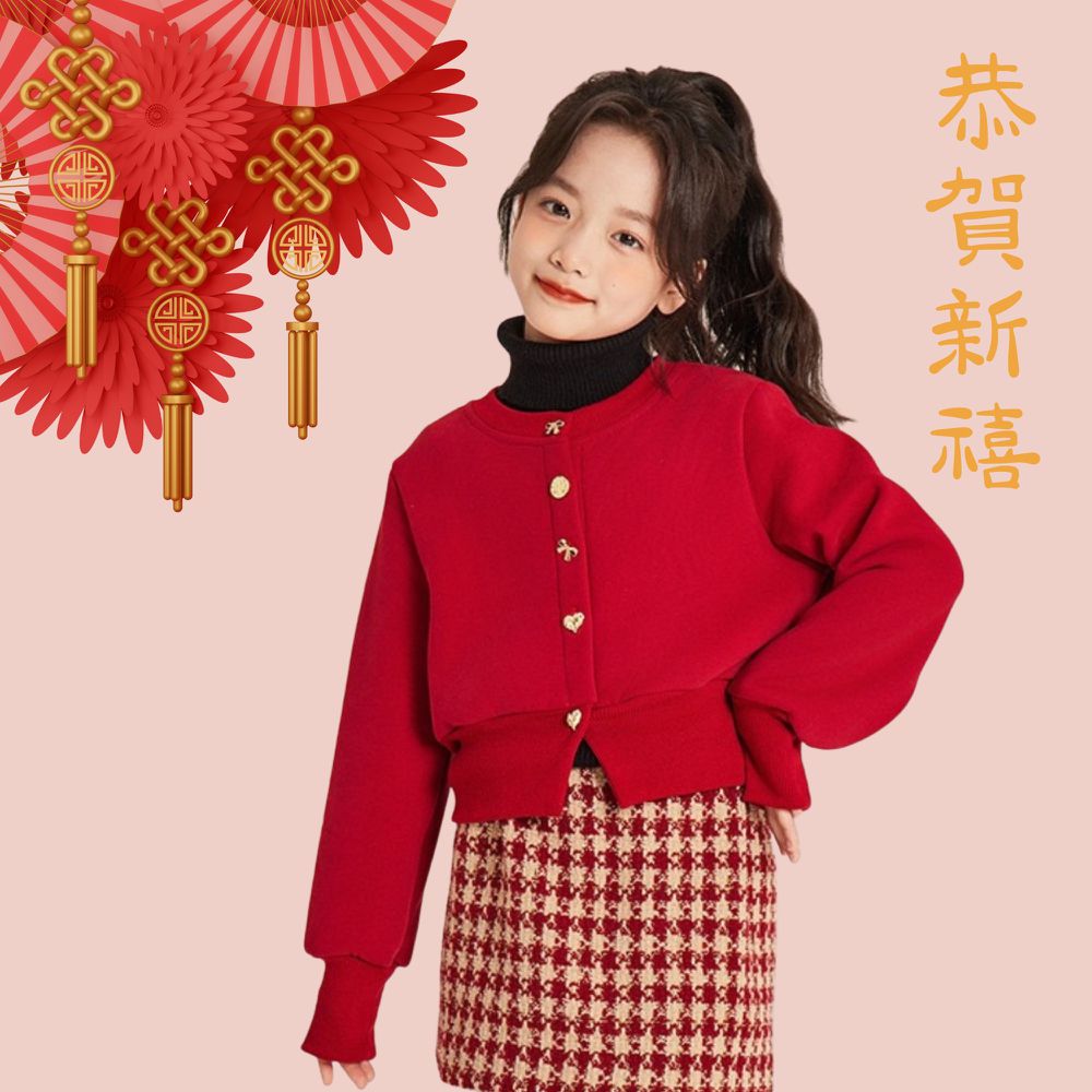 新年拜年紅色法式蝴蝶結金釦棉質開襟衫外套(內裡銀狐絨)-新年紅