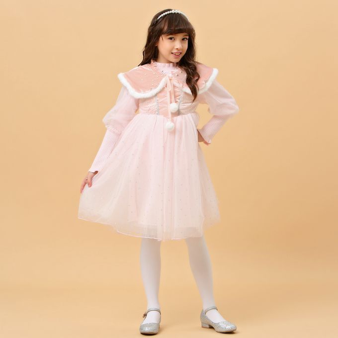 love, charlotte - 冬季毛絨領披肩公主長袖洋裝-洋裝+毛絨小領子+珍珠髮箍-粉紅色