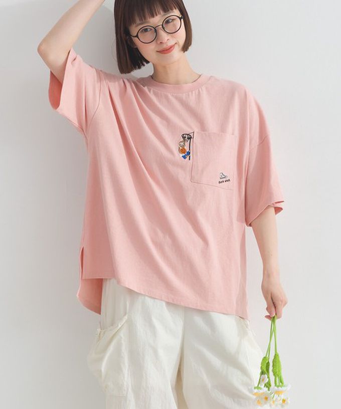 日本 Lupilien - 16支天竺棉俏皮動物刺繡大口袋短袖T恤-海軍藍