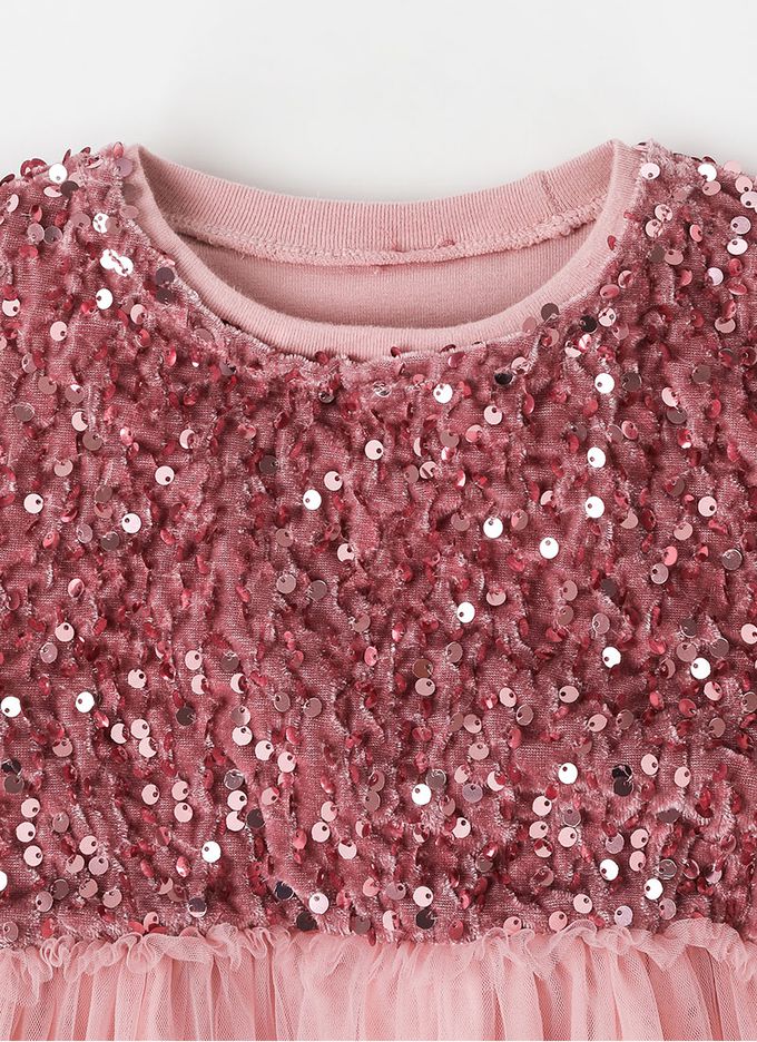 韓國 OZKIZ - 天鵝絨亮片點綴公主網紗洋裝-粉