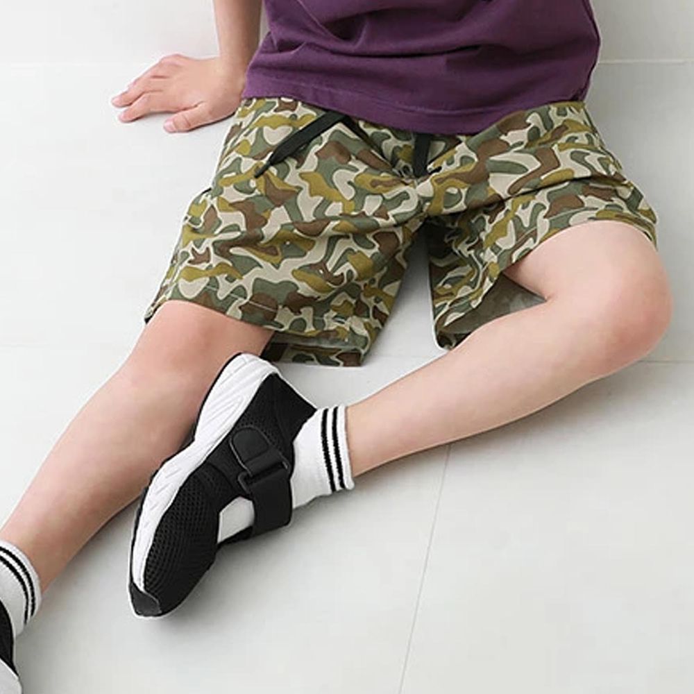 日本 devirock - 印花綁帶設計寬鬆五分褲-迷彩-橄欖綠