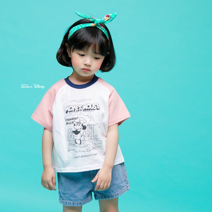 韓國 Hanab - 正版迪士尼-卡通米奇拼接色T-黃