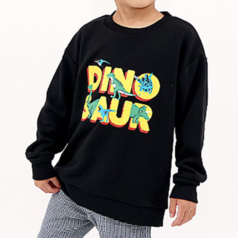 裏起毛俏皮印花長袖上衣-C恐龍-黑