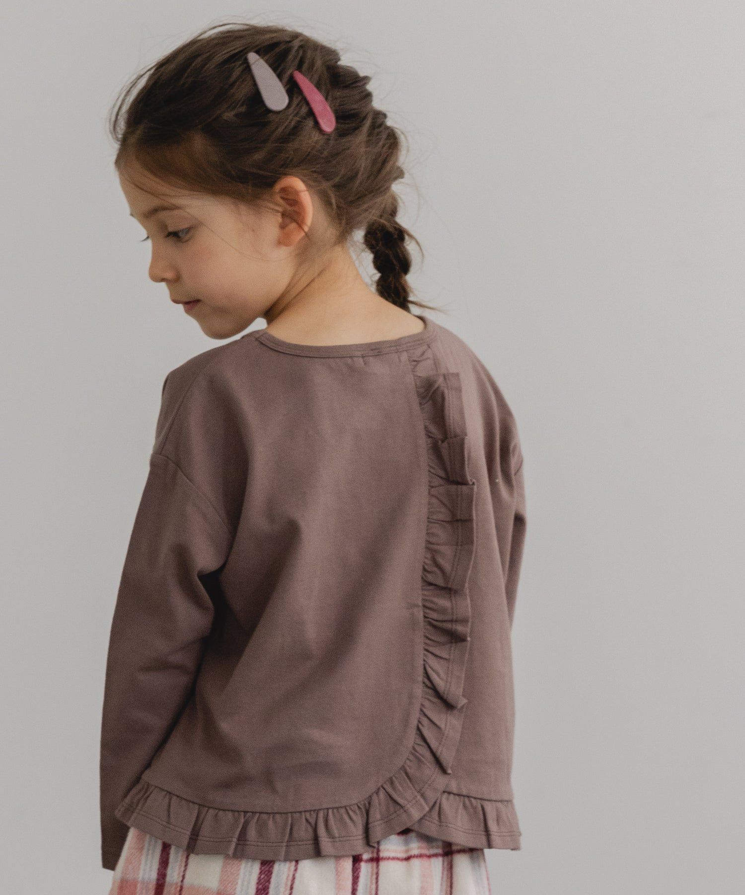 日本 PAIRMANON - 柔棉100% 可愛捲邊薄長袖上衣-桃粉