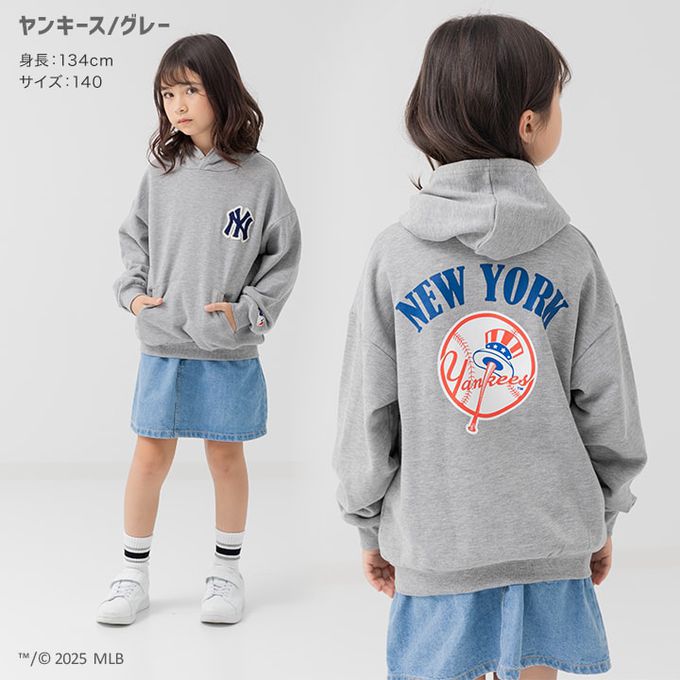 日本 Chil2 - MLB聯名 立體刺繡連帽長袖上衣-紐約洋基-灰
