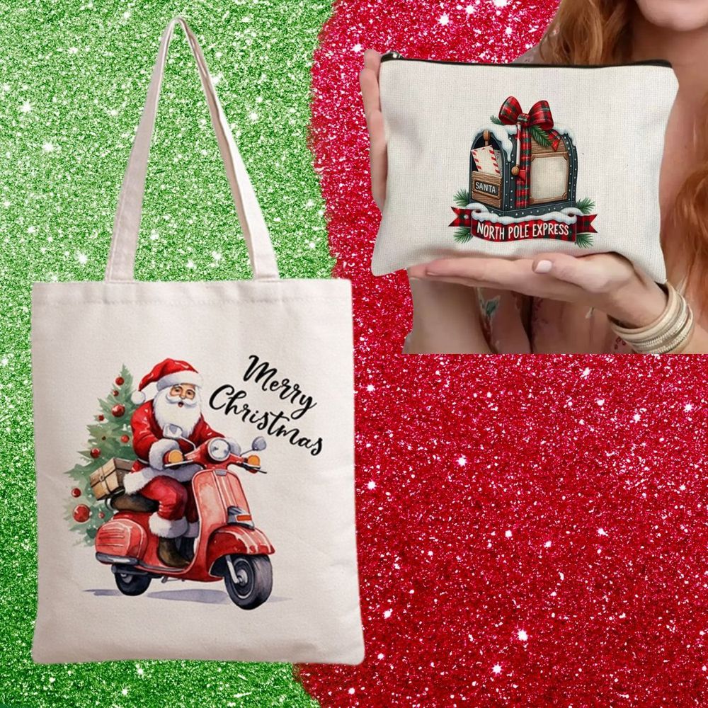 聖誕節精美印刷帆布提袋配拉鍊收納袋-2件組-聖誕老人及信箱款-袋裝