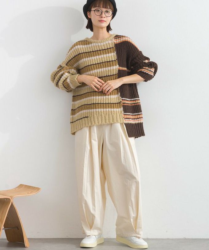 日本 Lupilien - 交錯明亮撞色條紋粗編毛衣-綠x灰系