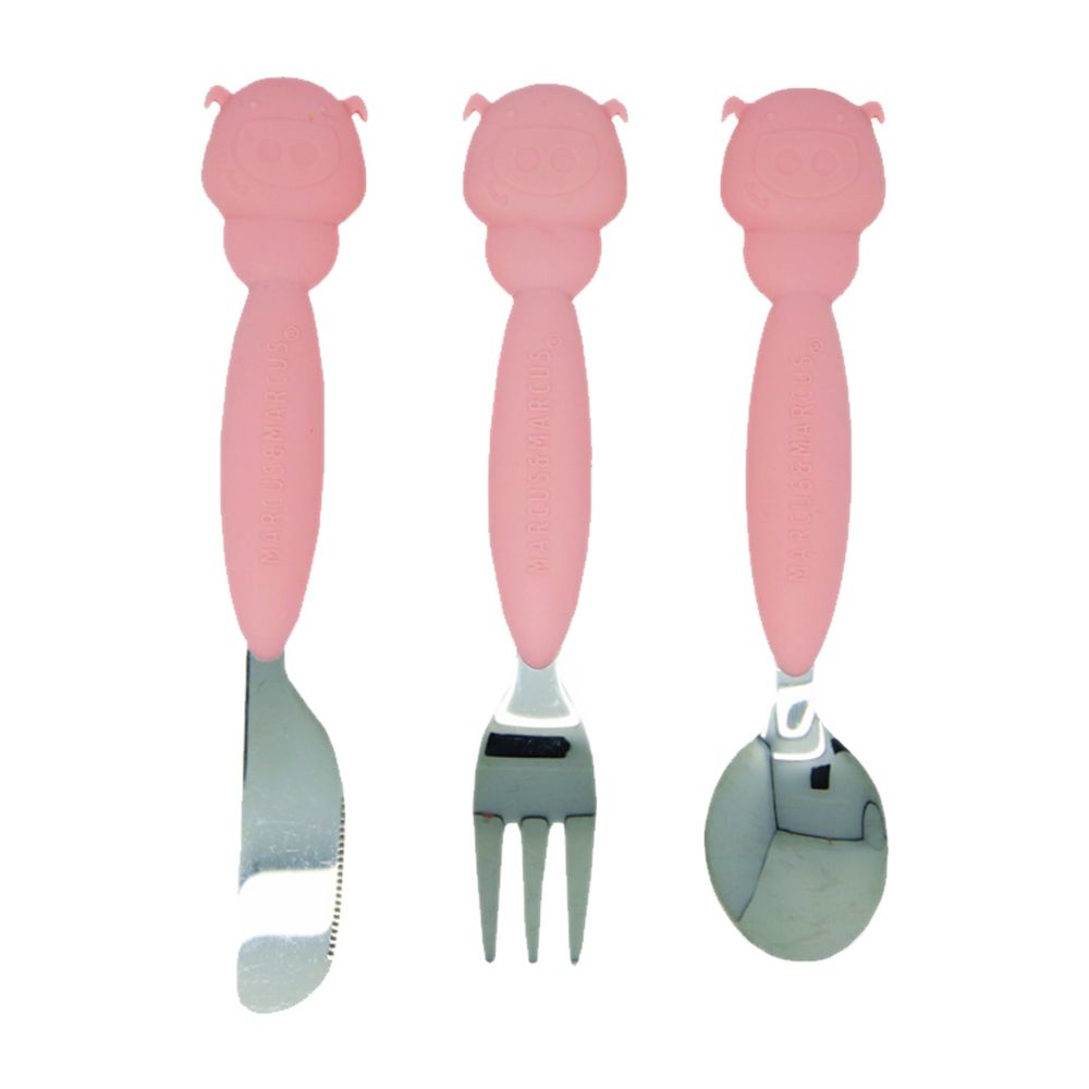 MARCUS＆MARCUS - 動物樂園不銹鋼刀叉匙三件組-粉紅豬