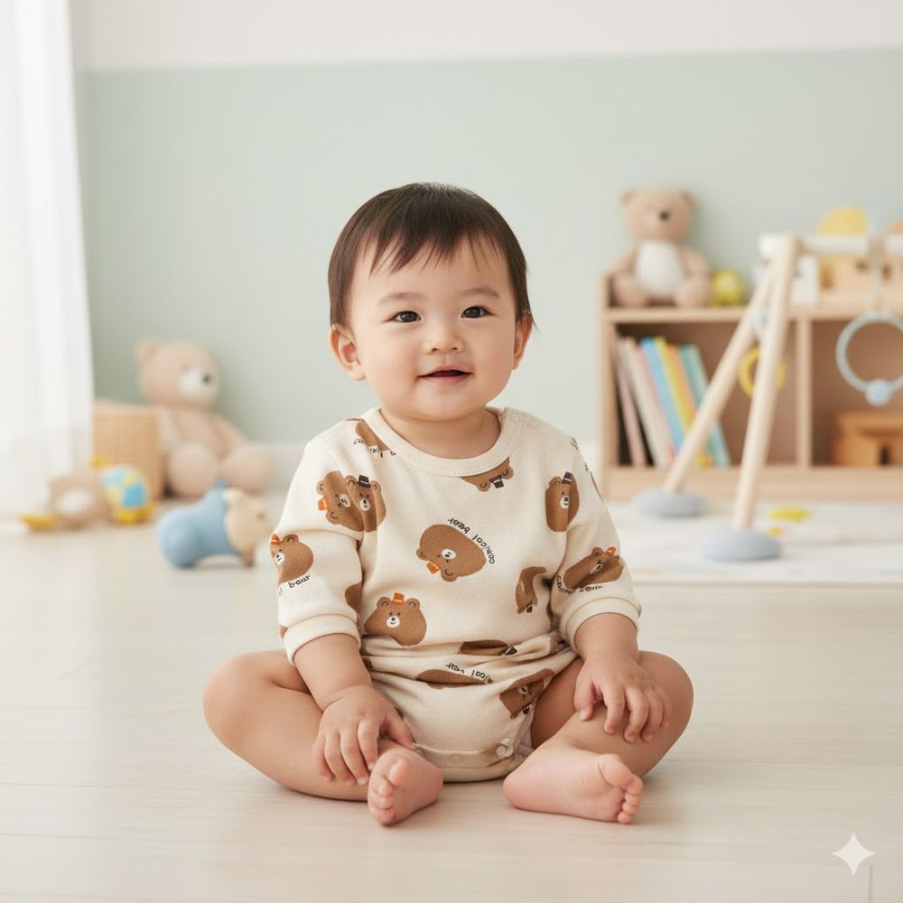 長袖外出包屁衣-滿版印花-象牙白色