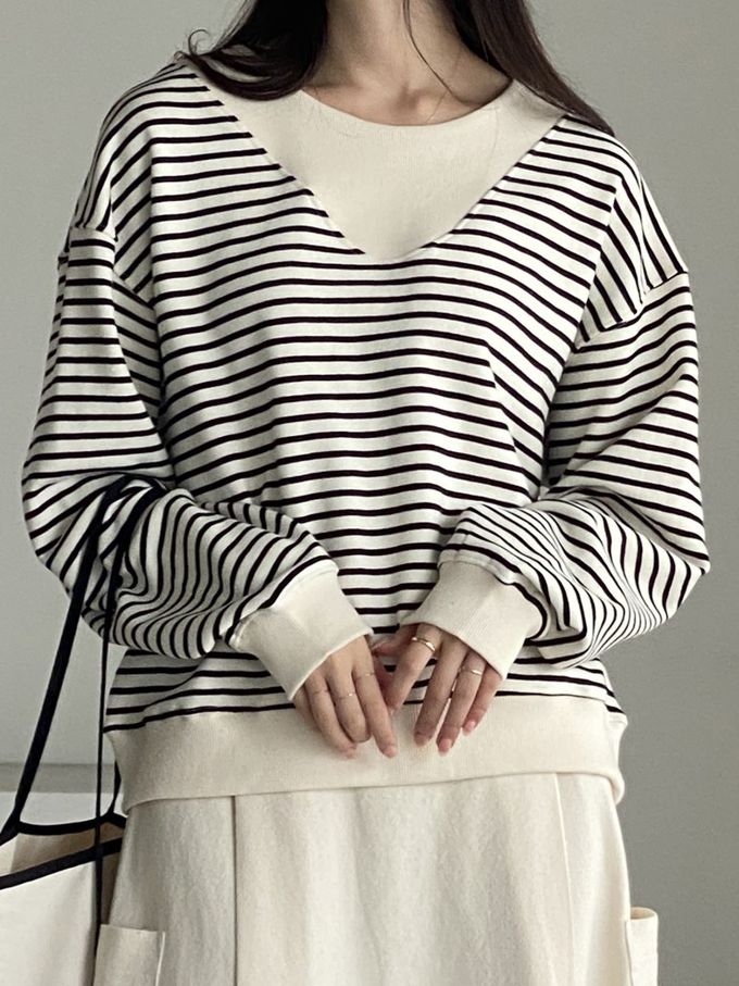 韓國女裝連線 - 假兩件細條紋長袖大學T-米X黑 (FREE)