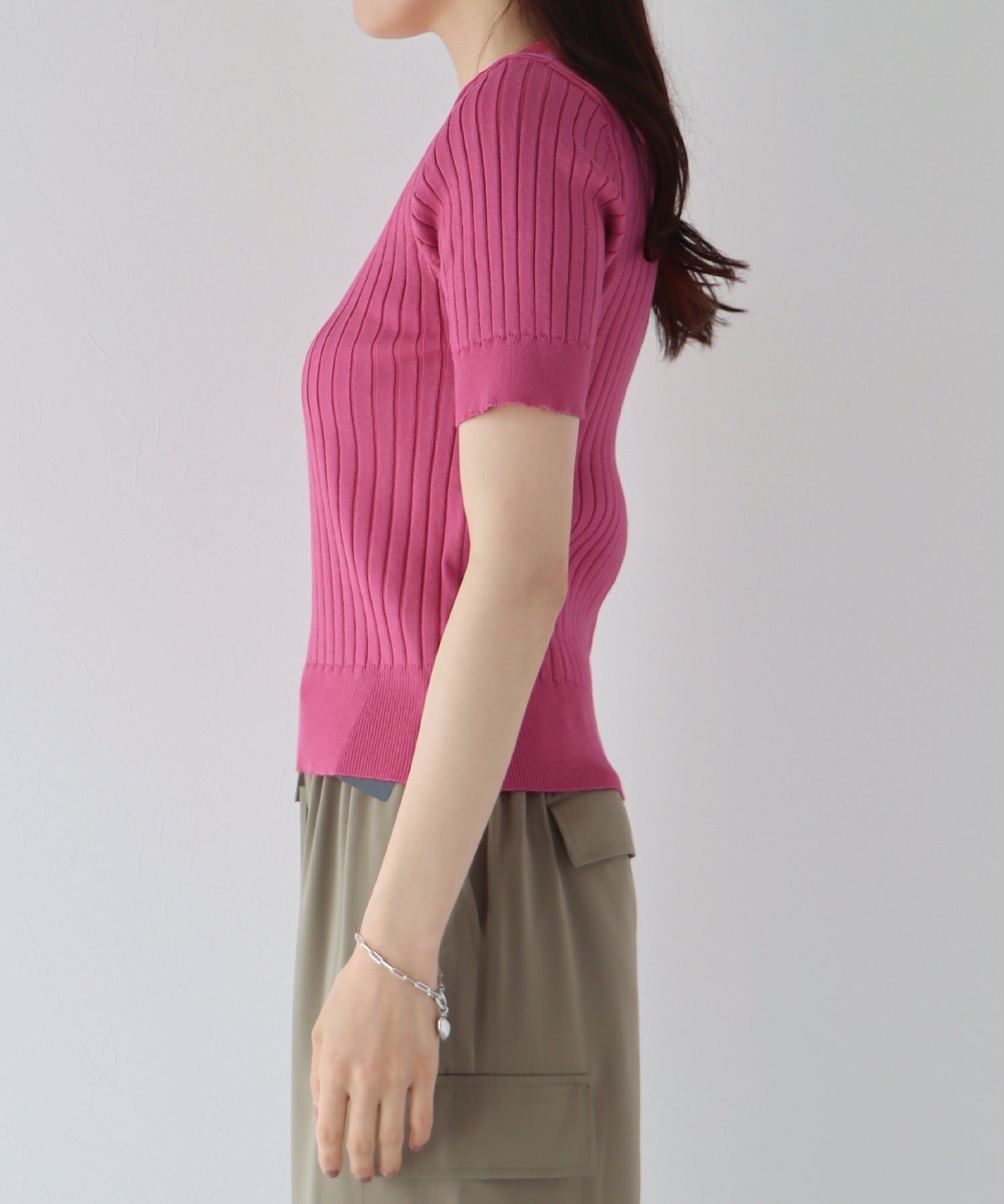 日本 BLUE EAST - 彈性寬羅紋薄針織短袖上衣-淺粉x白