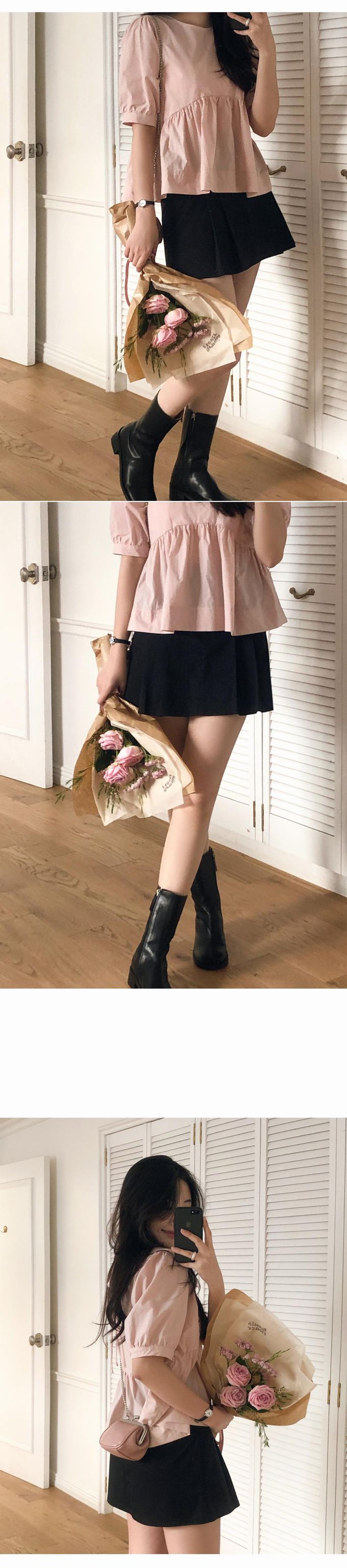 韓國 98doci - 質感後綁結公主袖上衣-淡粉