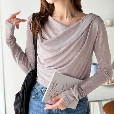 日本 Classical Elf - 柔美皺摺顯瘦V領薄長袖上衣-淺灰