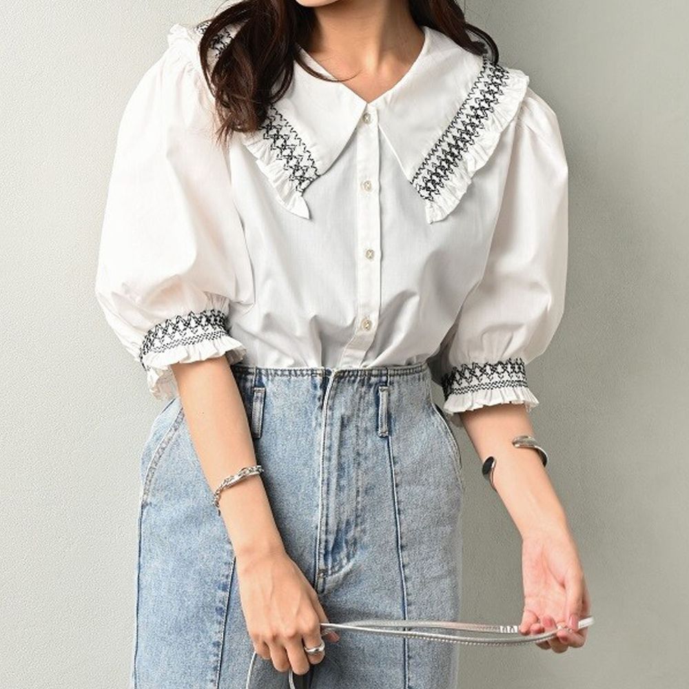 日本 ELENCARE DUE - 歐風刺繡荷葉領五分袖襯衫/外套-白