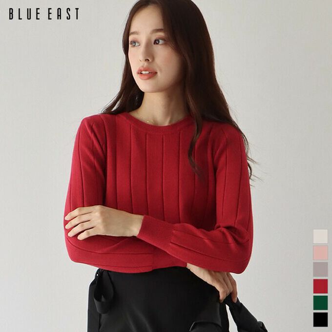 日本 BLUE EAST - 圓領粗坑條長袖針織上衣-奶油杏