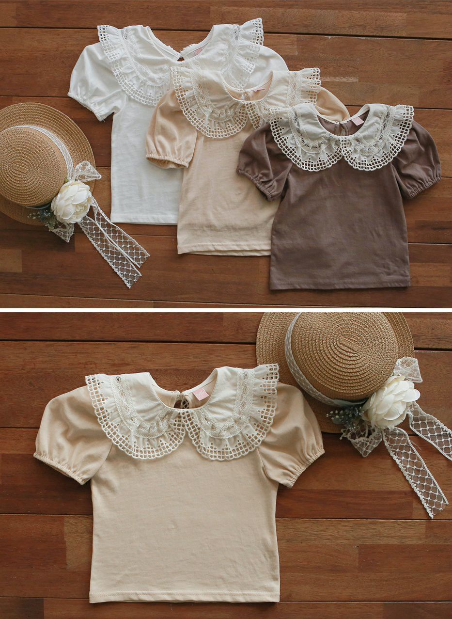 韓國 PuellaFLO - 鏤空格子大白領上衣-蜜桃粉