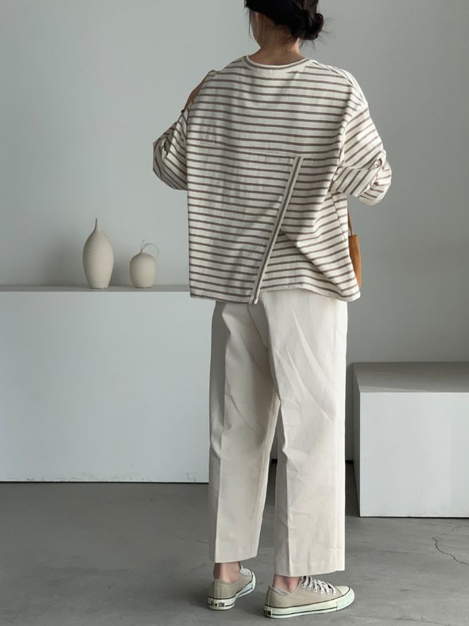 韓國女裝連線 - 不對稱後開衩條紋長袖上衣-可可咖 (FREE)