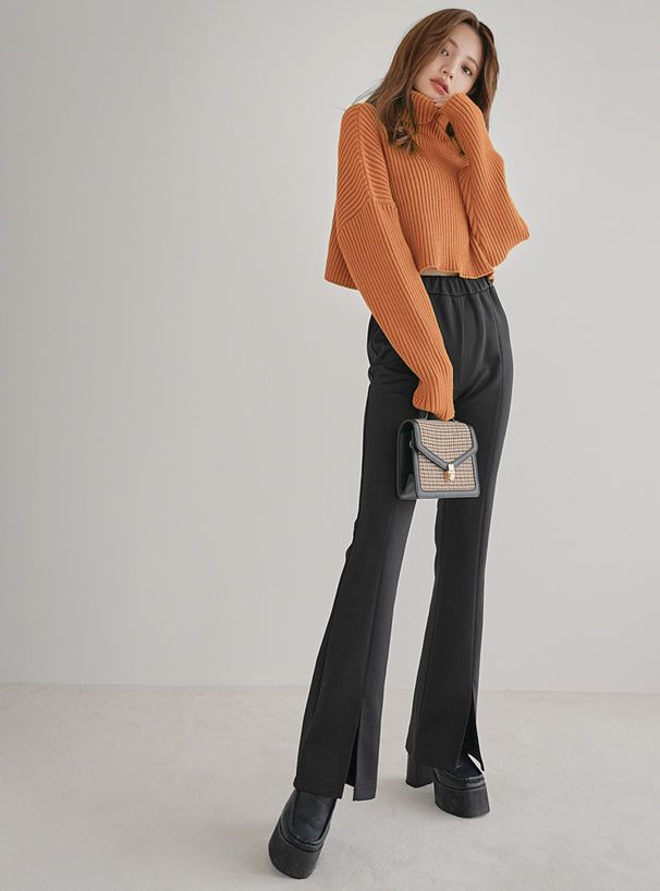 日本 GRL - 寬鬆短版高領坑羅紋針織上衣-褐杏