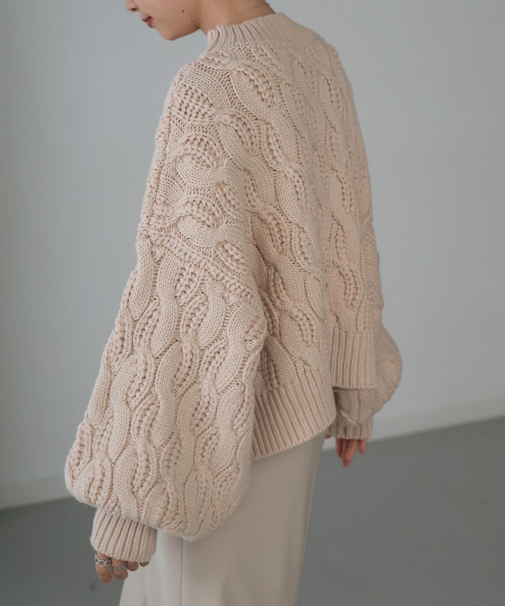 日本 Bab - 麻花編織圓領泡泡袖毛衣-粉膚