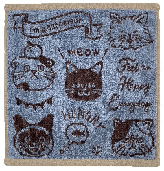 日本 Stream - 100%棉印花手帕/方巾/擦手巾-貓咪派對-淺藍 (25x25cm)