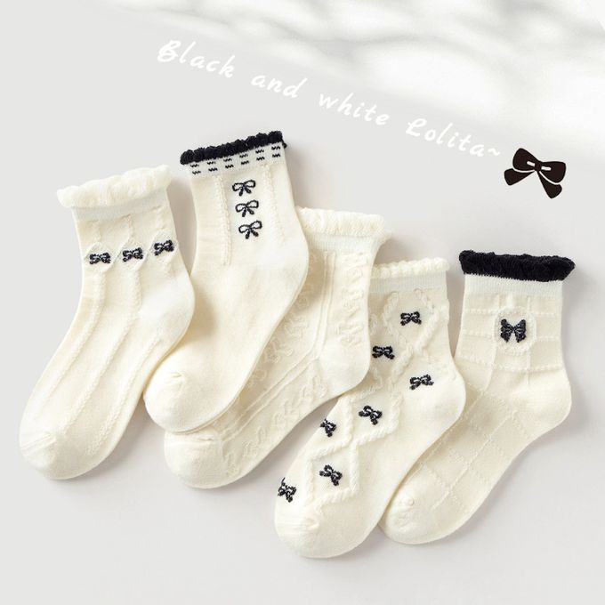 甜美黑白蝴蝶結荷葉邊透氣短筒棉襪