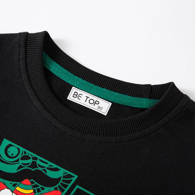 純棉圓領長袖上衣/大學T-舞龍舞獅-黑色