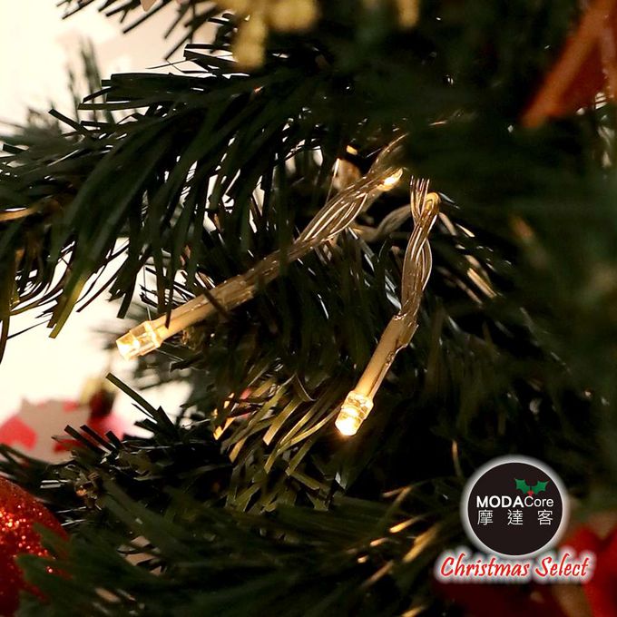 MODACore 摩達客 - 摩達客台製3尺/3呎(90cm)豪華型裝飾綠色聖誕樹/火焰金白大雪花紅果球系全套飾品組+50燈LED燈串暖白光-USB電池盒兩用充電