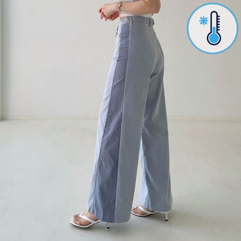 (涼感機能)鬆緊腰夏日寬鬆喇叭褲-淺藍