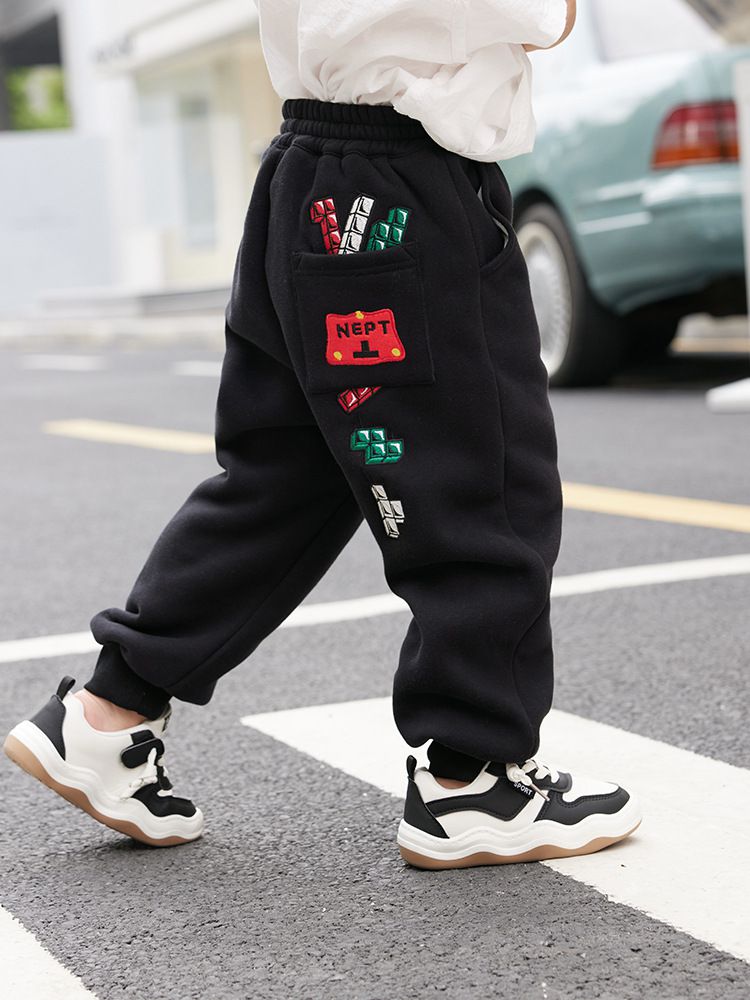 薄絨腰鬆緊休閒保暖束口長褲-俄羅斯方塊-深灰色