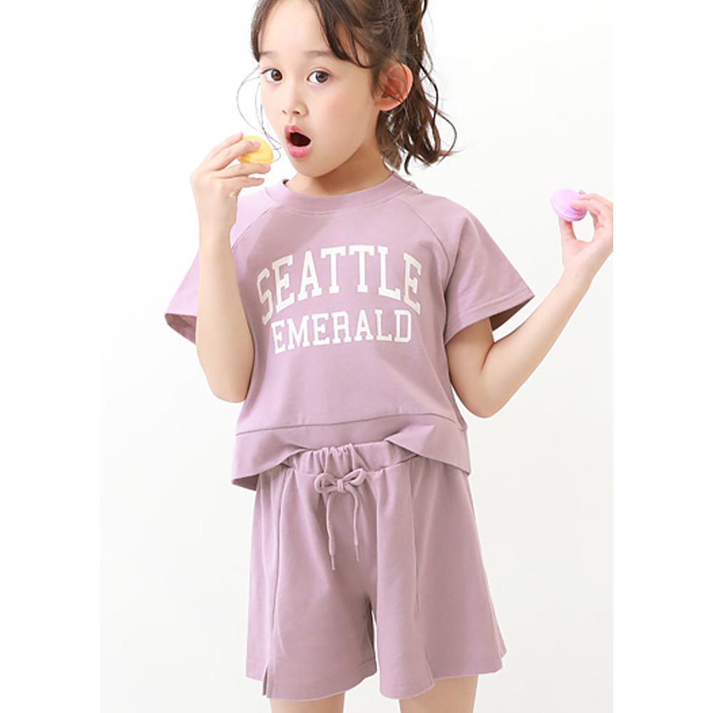 日本 devirock - 大學T風格純棉圓領短袖套裝-粉紫
