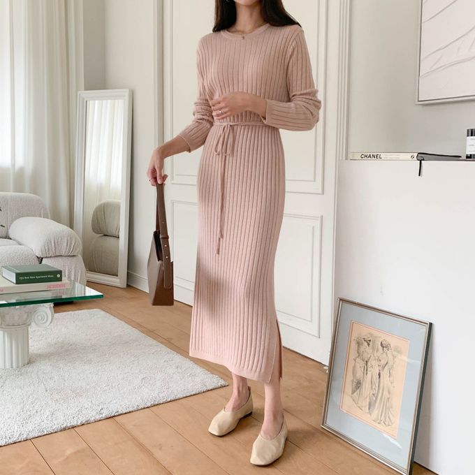 韓國女裝連線 - 喀什米爾羊毛針織連身洋裝-淡粉 (FREE)