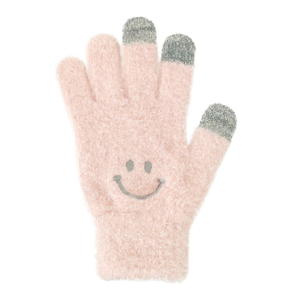 日本 TOMO - (大人)可觸控可愛毛絨保暖手套-微笑-櫻花粉