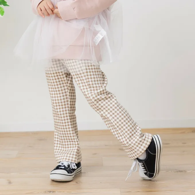 日本 Chil2 - 保暖內刷毛微喇叭彈力長褲-經典格紋-咖啡