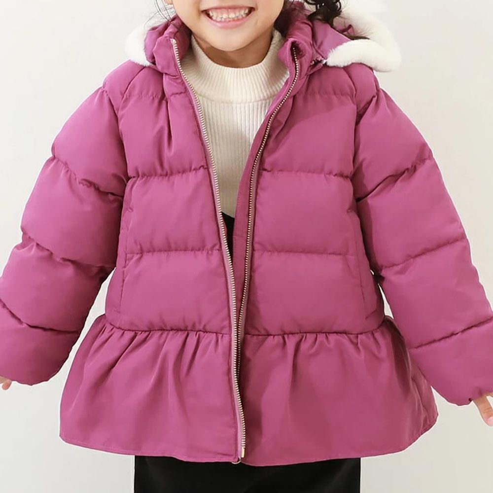 甜美下擺輕暖纖維羽絨外套(毛帽可拆)-紫紅