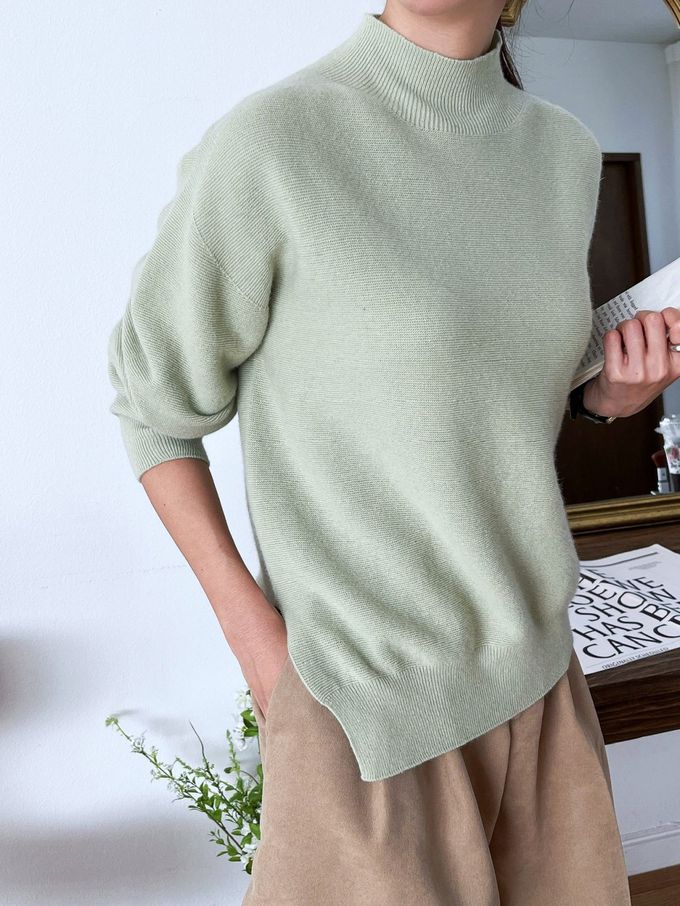 韓國女裝連線 - 斜角側開衩混羊毛針織長袖上衣-可可 (FREE)