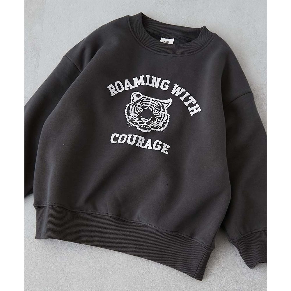 裏起毛動物印花大學T-老虎-黑