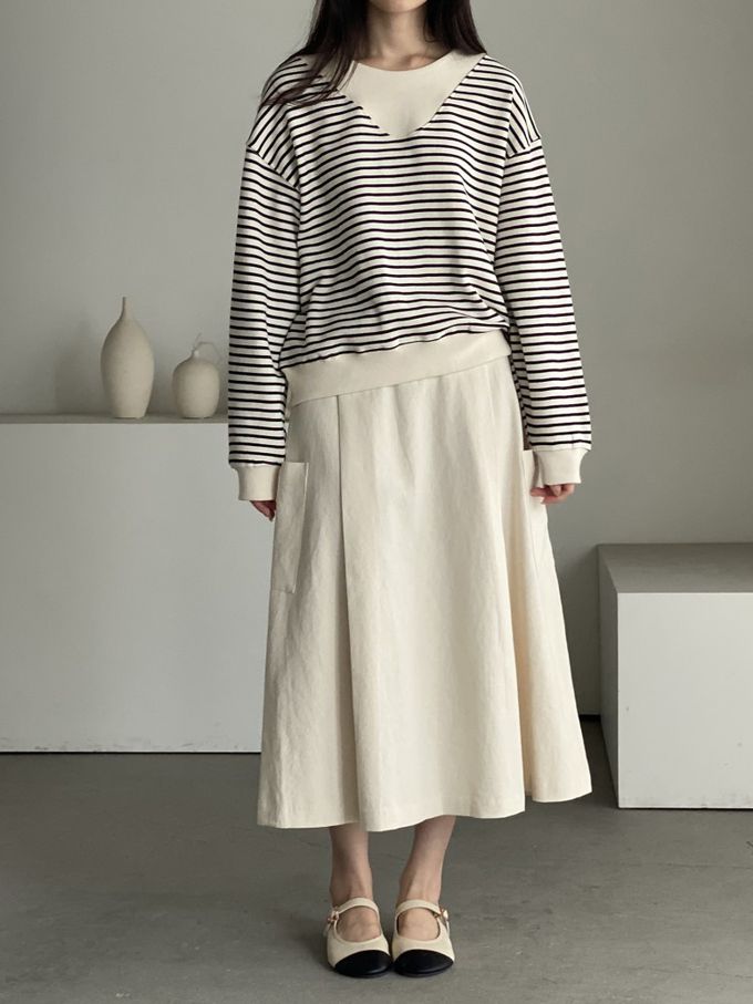 韓國女裝連線 - 假兩件細條紋長袖大學T-米X黑 (FREE)