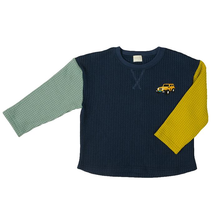 akachan honpo - 長袖裏起毛華夫格T恤-撞色袖-深藍色