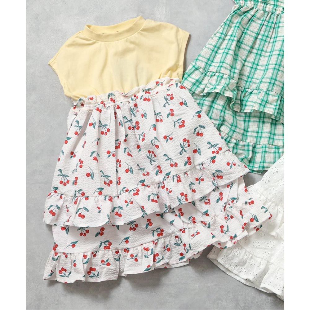 日本 BREEZE - 拼接層次甜美法式袖洋裝-櫻桃-黃x白