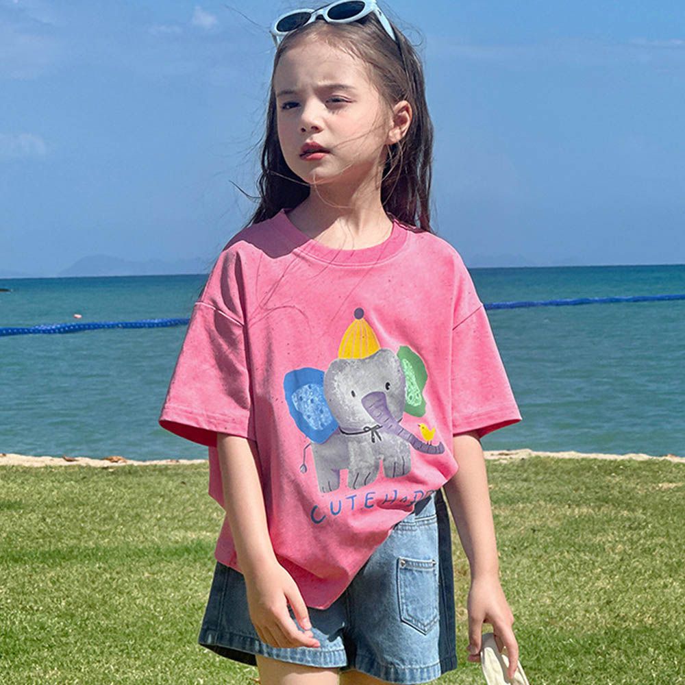 純棉圓領落肩短袖上衣/T恤-快樂大象-彩點粉