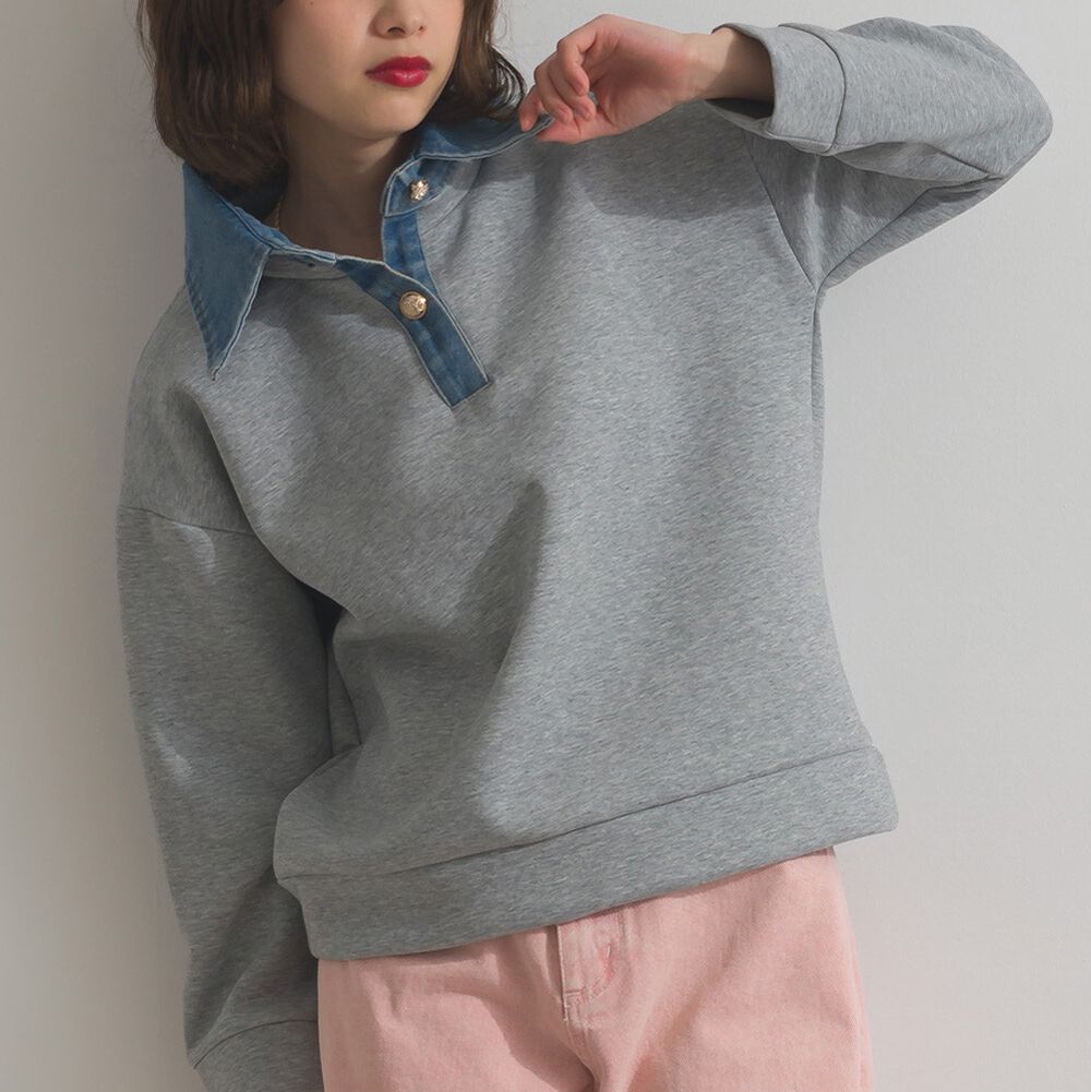 牛仔領層次感厚磅休閒長袖上衣-灰