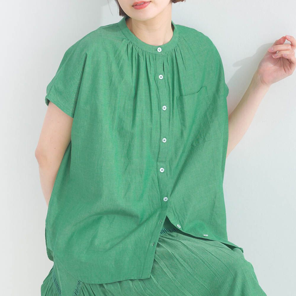 純棉素色襯衫式寬版上衣-綠
